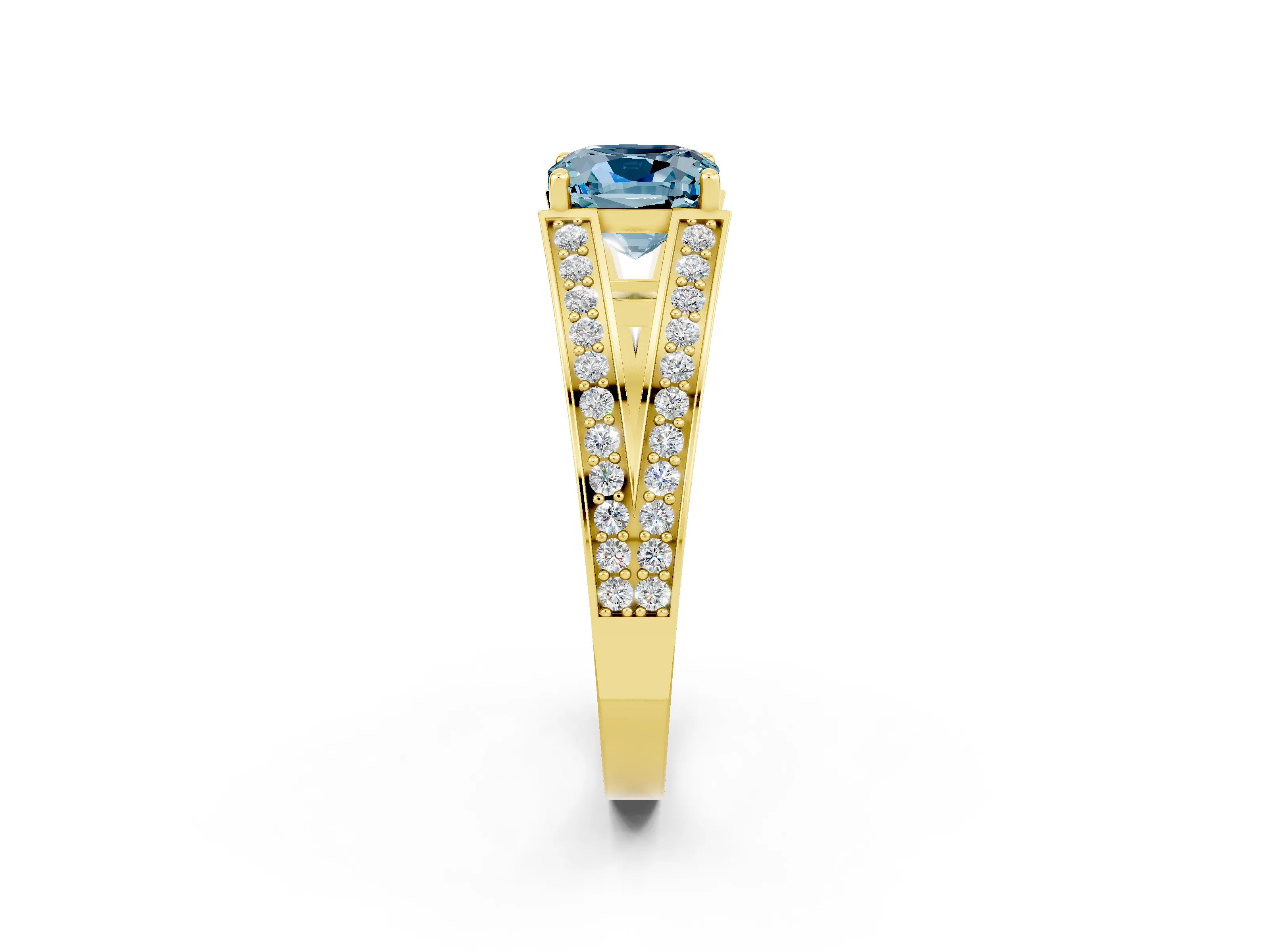 Yellow gold Cushion Cut Aquamarine Split Shank Ring with Pavé Band and Four-Prong Setting_2