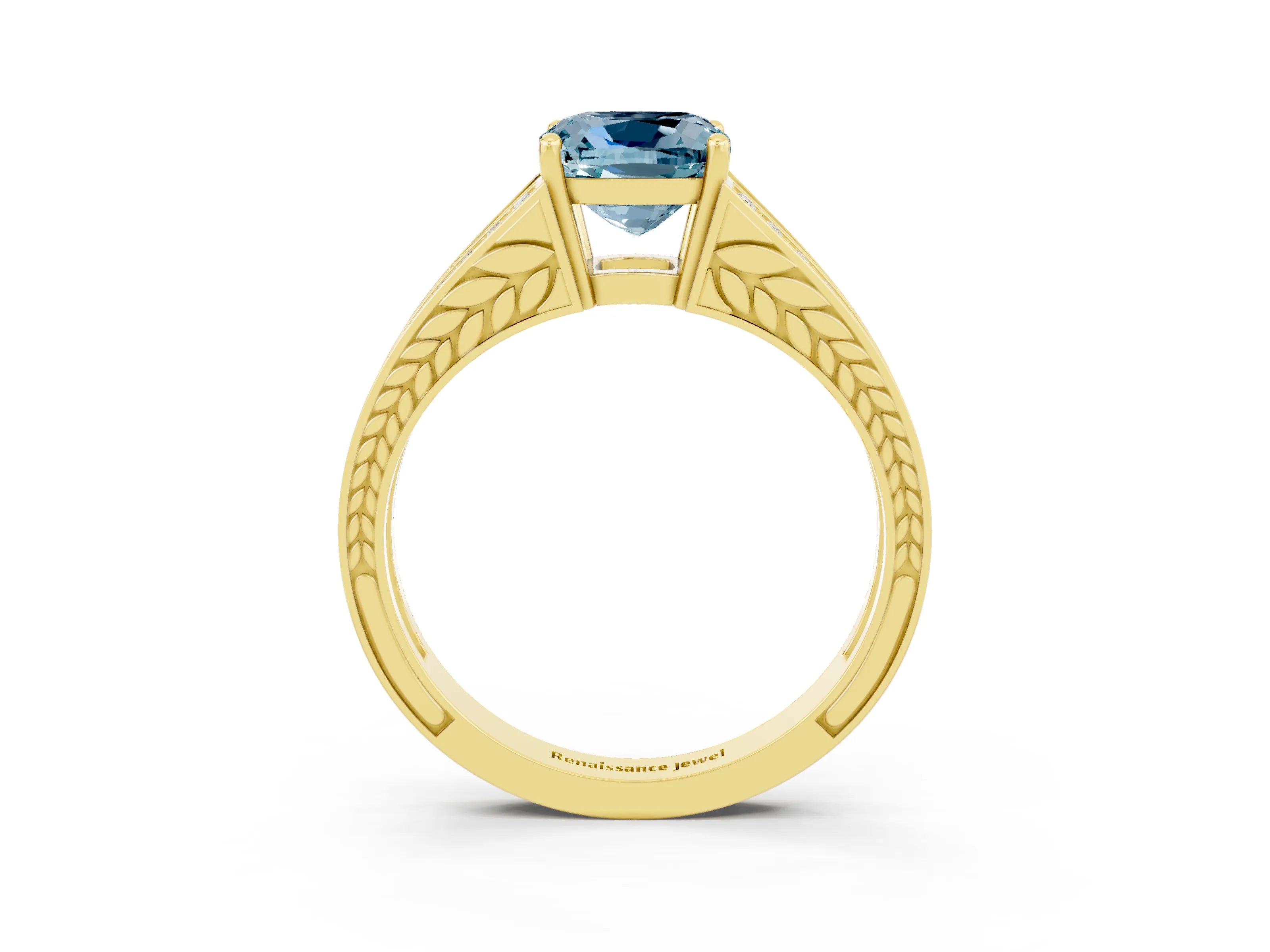 Yellow gold Cushion Cut Aquamarine Split Shank Ring with Pavé Band and Four-Prong Setting_3