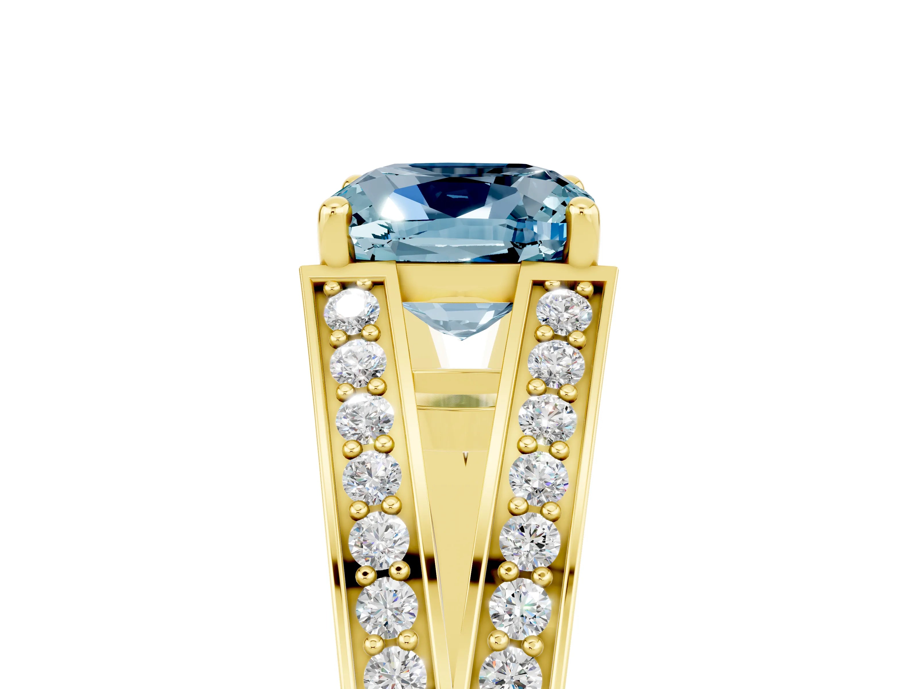 Yellow gold Cushion Cut Aquamarine Split Shank Ring with Pavé Band and Four-Prong Setting_5