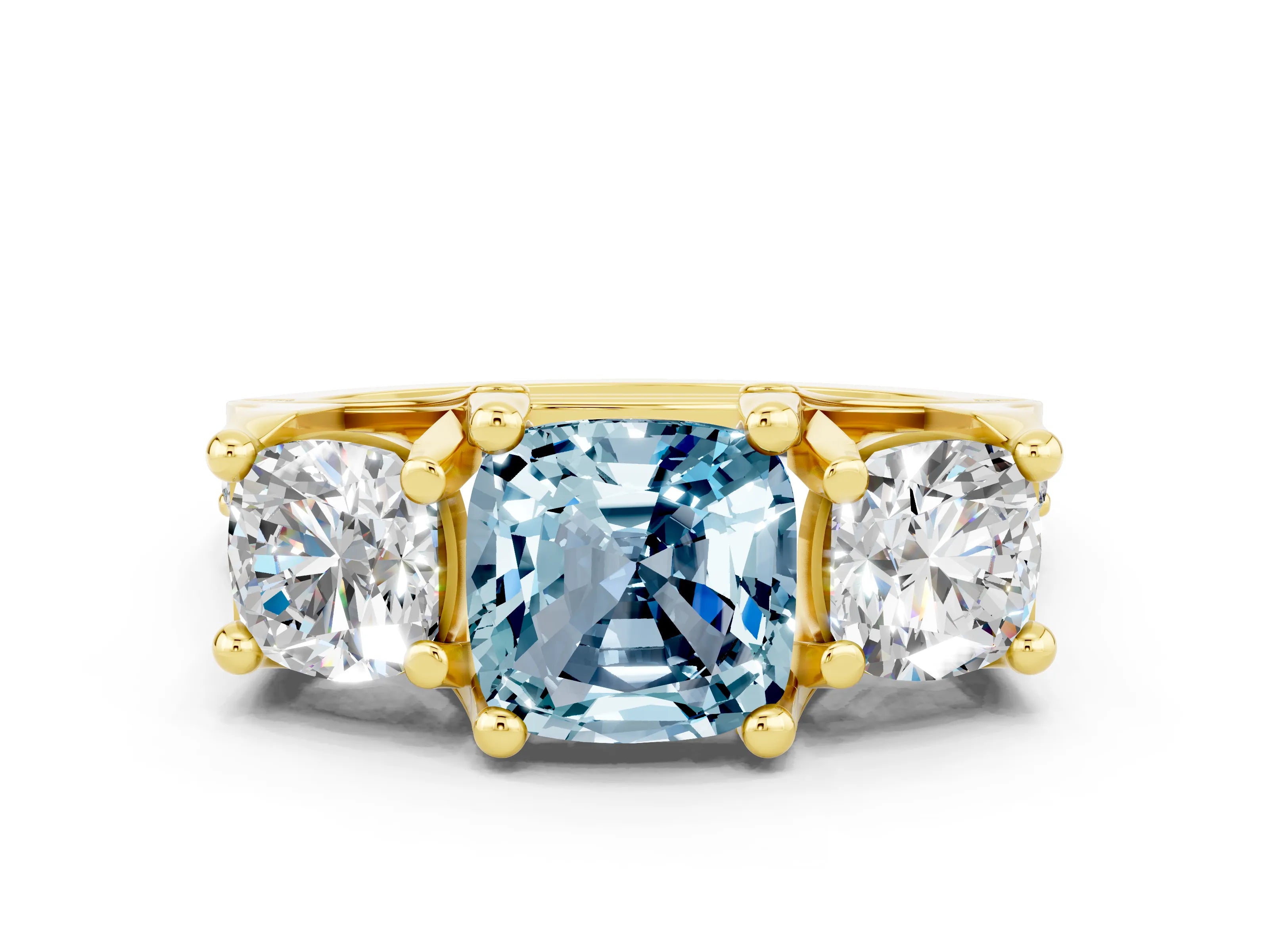 Yellow gold Cushion Cut Aquamarine Three-Stone Ring with Channel Set Band and Four-Prong Setting