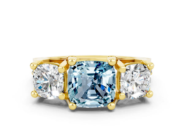 Yellow gold Cushion Cut Aquamarine Three-Stone Ring with Channel Set Band and Four-Prong Setting