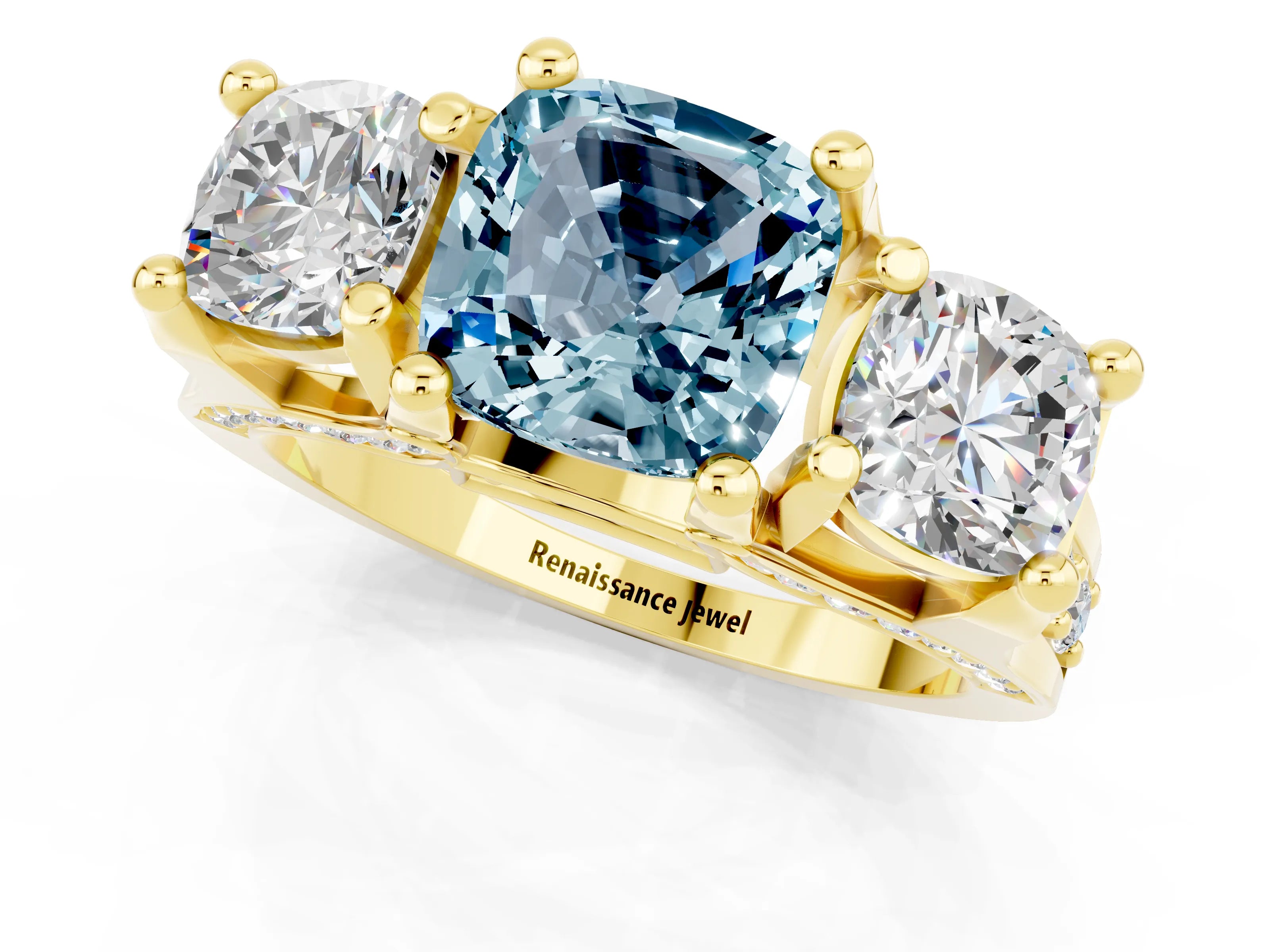 Yellow gold Cushion Cut Aquamarine Three-Stone Ring with Channel Set Band and Four-Prong Setting_1