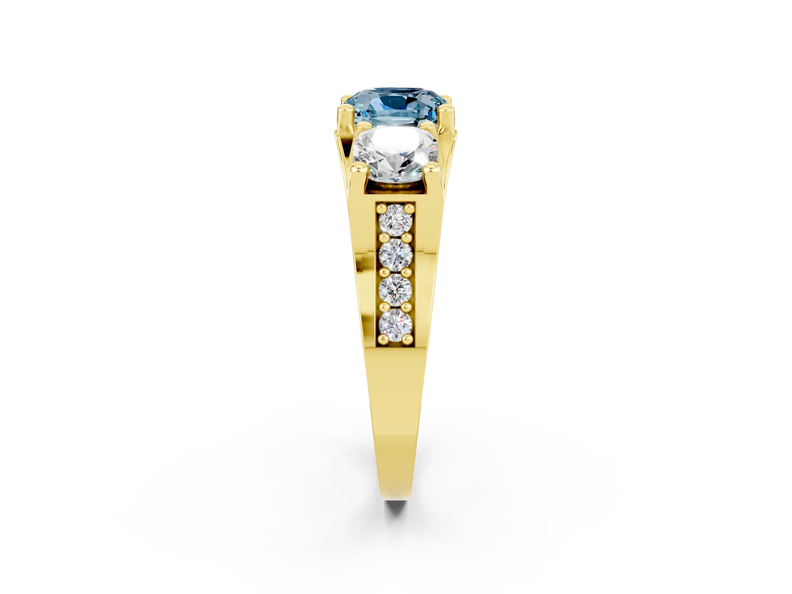 Yellow gold Cushion Cut Aquamarine Three-Stone Ring with Channel Set Band and Four-Prong Setting_2