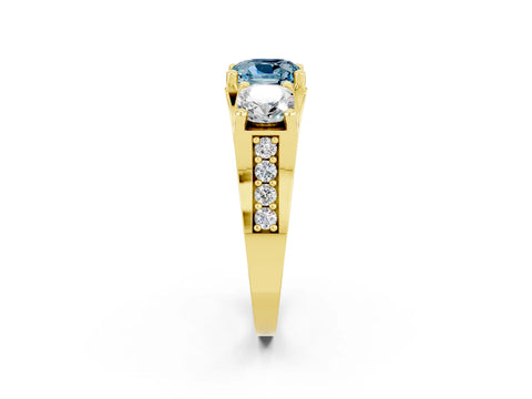 Yellow gold Cushion Cut Aquamarine Three-Stone Ring with Channel Set Band and Four-Prong Setting_2