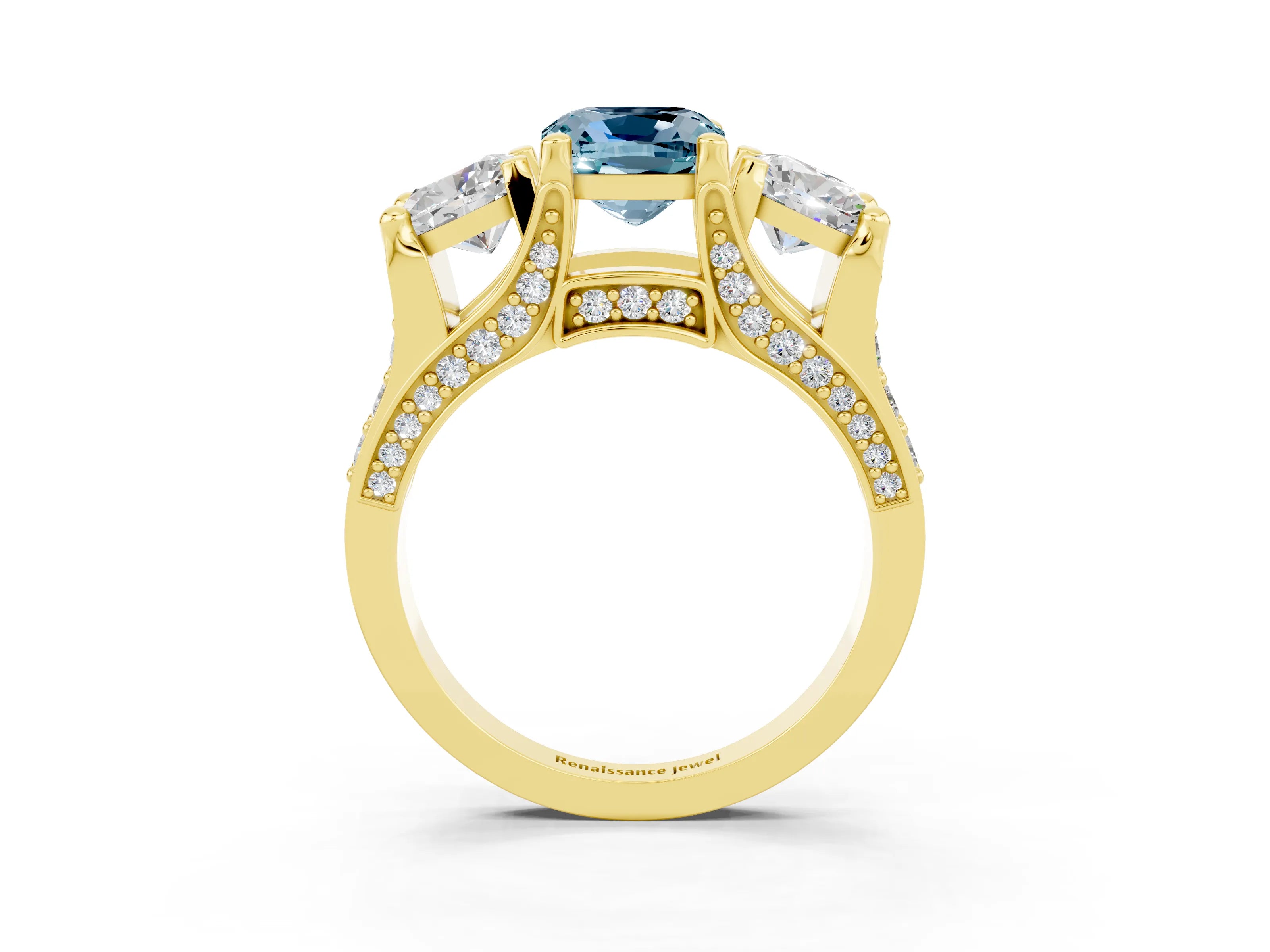 Yellow gold Cushion Cut Aquamarine Three-Stone Ring with Channel Set Band and Four-Prong Setting_3