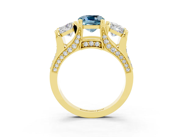Yellow gold Cushion Cut Aquamarine Three-Stone Ring with Channel Set Band and Four-Prong Setting
