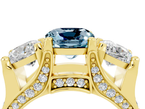 Yellow gold Cushion Cut Aquamarine Three-Stone Ring with Channel Set Band and Four-Prong Setting_4