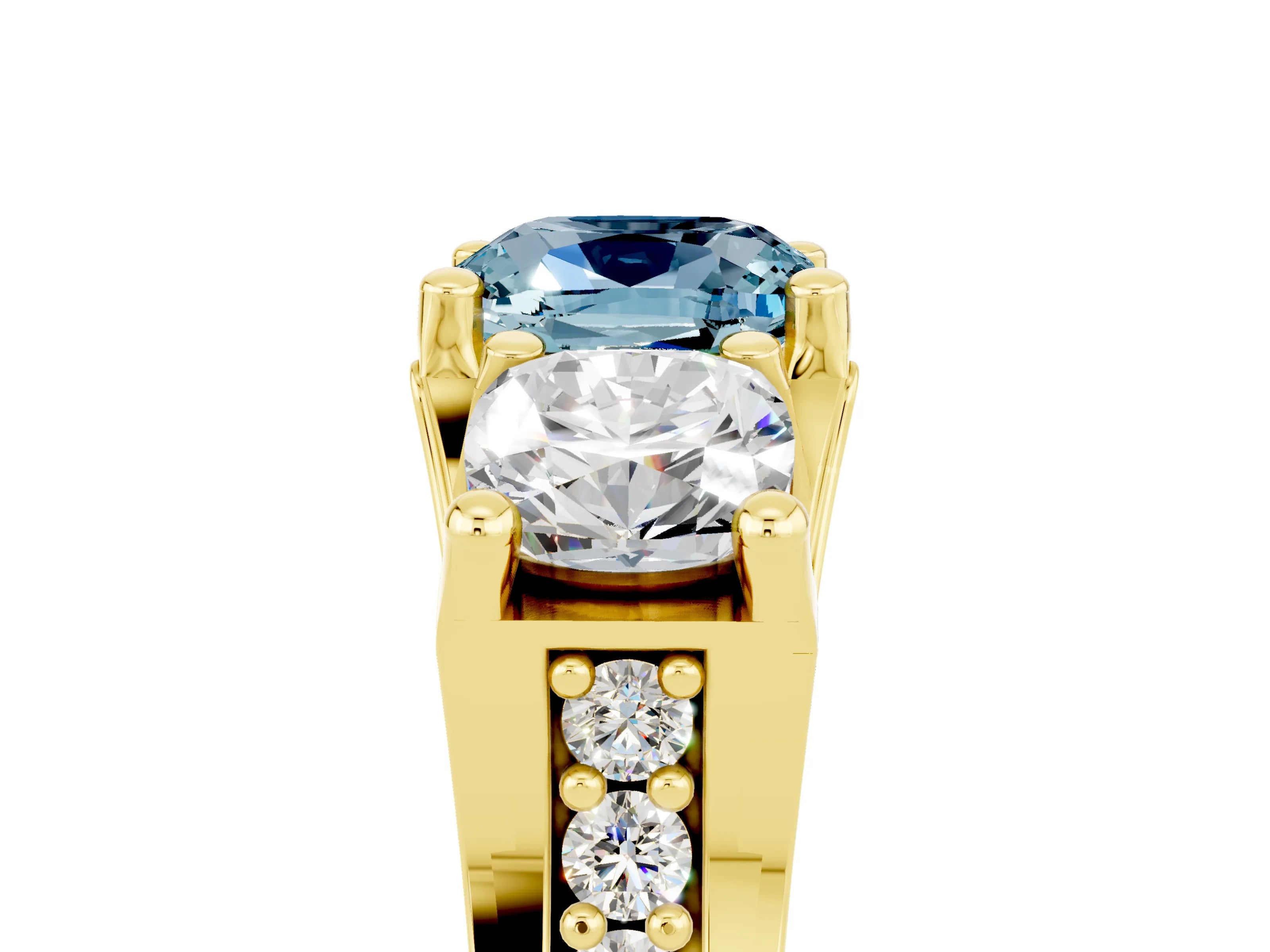 Yellow gold Cushion Cut Aquamarine Three-Stone Ring with Channel Set Band and Four-Prong Setting_5