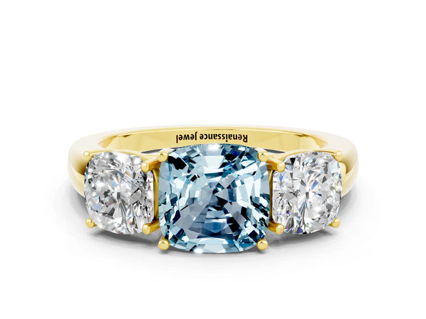 Yellow gold Cushion Cut Aquamarine Three-Stone Ring with Four-Prong Setting and Classic Band