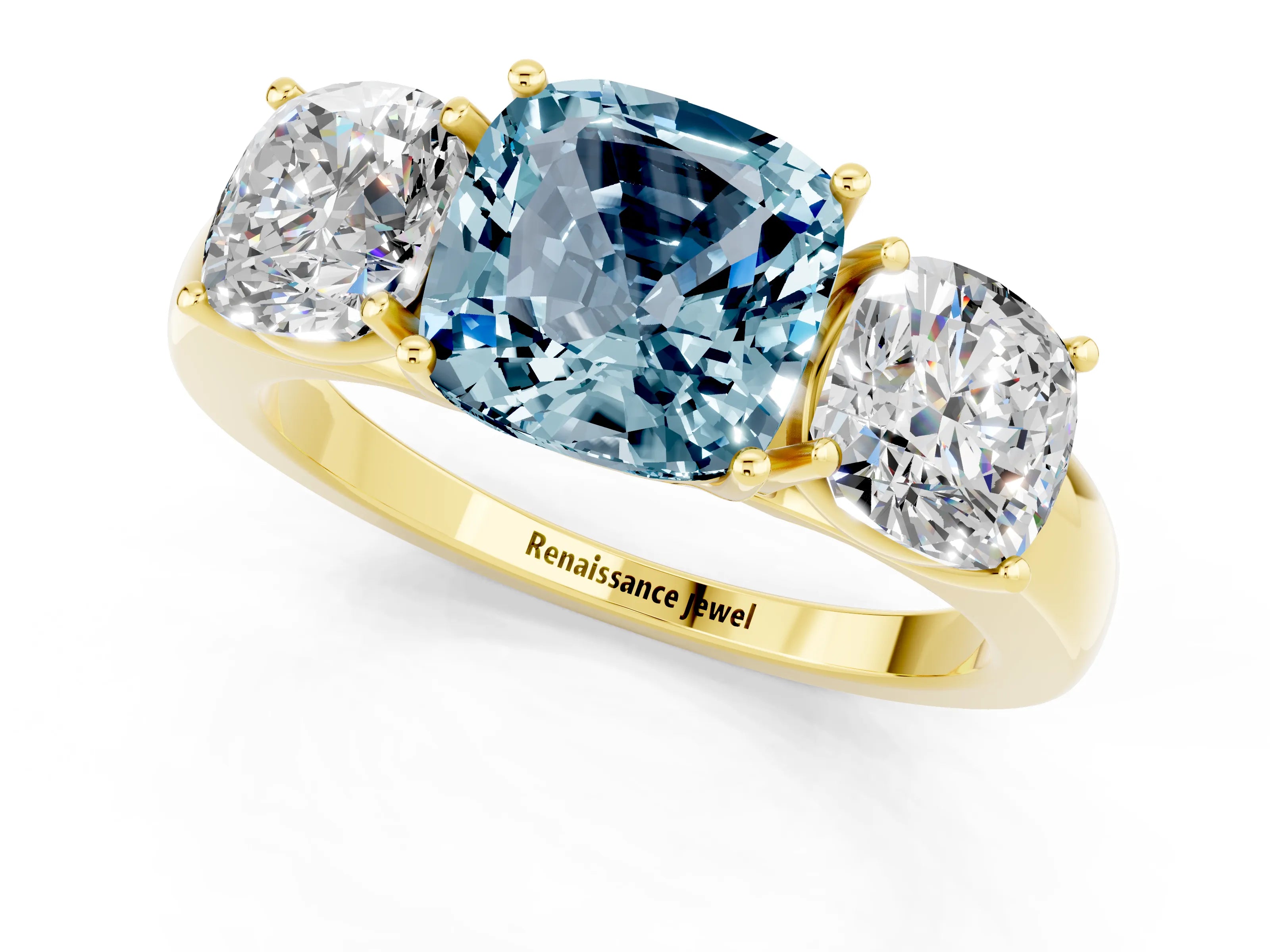 Yellow gold Cushion Cut Aquamarine Three-Stone Ring with Four-Prong Setting and Classic Band_1