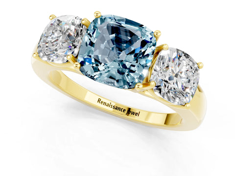 Yellow gold Cushion Cut Aquamarine Three-Stone Ring with Four-Prong Setting and Classic Band_1