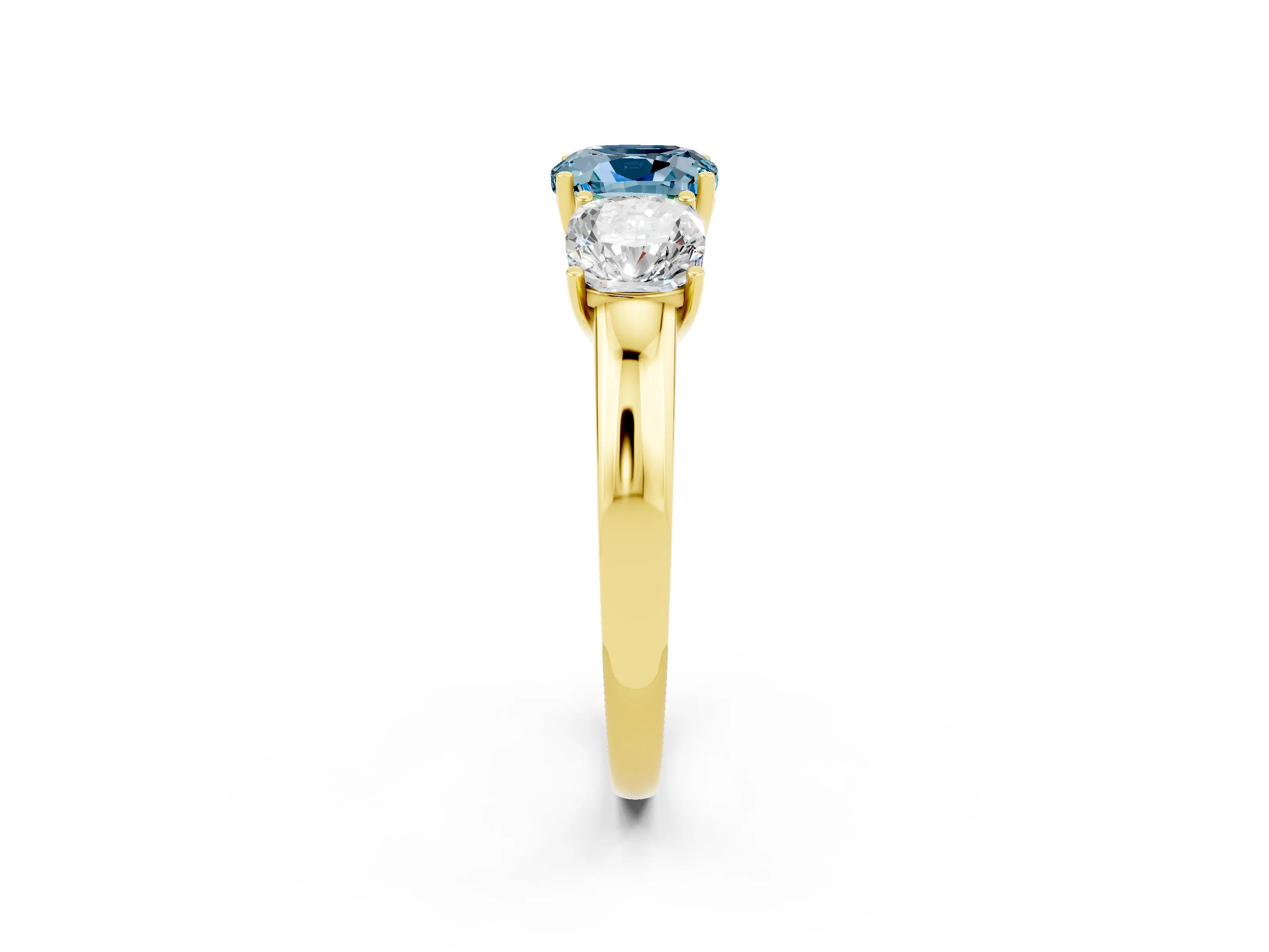 Yellow gold Cushion Cut Aquamarine Three-Stone Ring with Four-Prong Setting and Classic Band_2