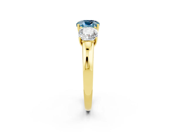Yellow gold Cushion Cut Aquamarine Three-Stone Ring with Four-Prong Setting and Classic Band