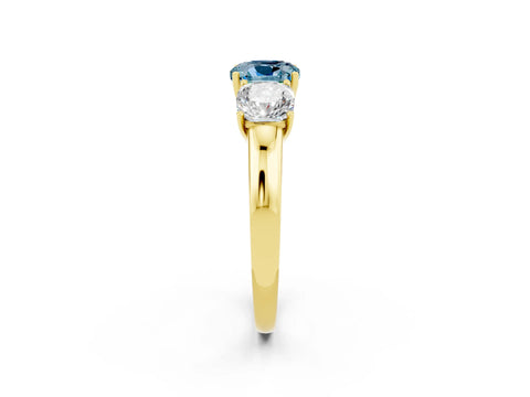 Yellow gold Cushion Cut Aquamarine Three-Stone Ring with Four-Prong Setting and Classic Band_2