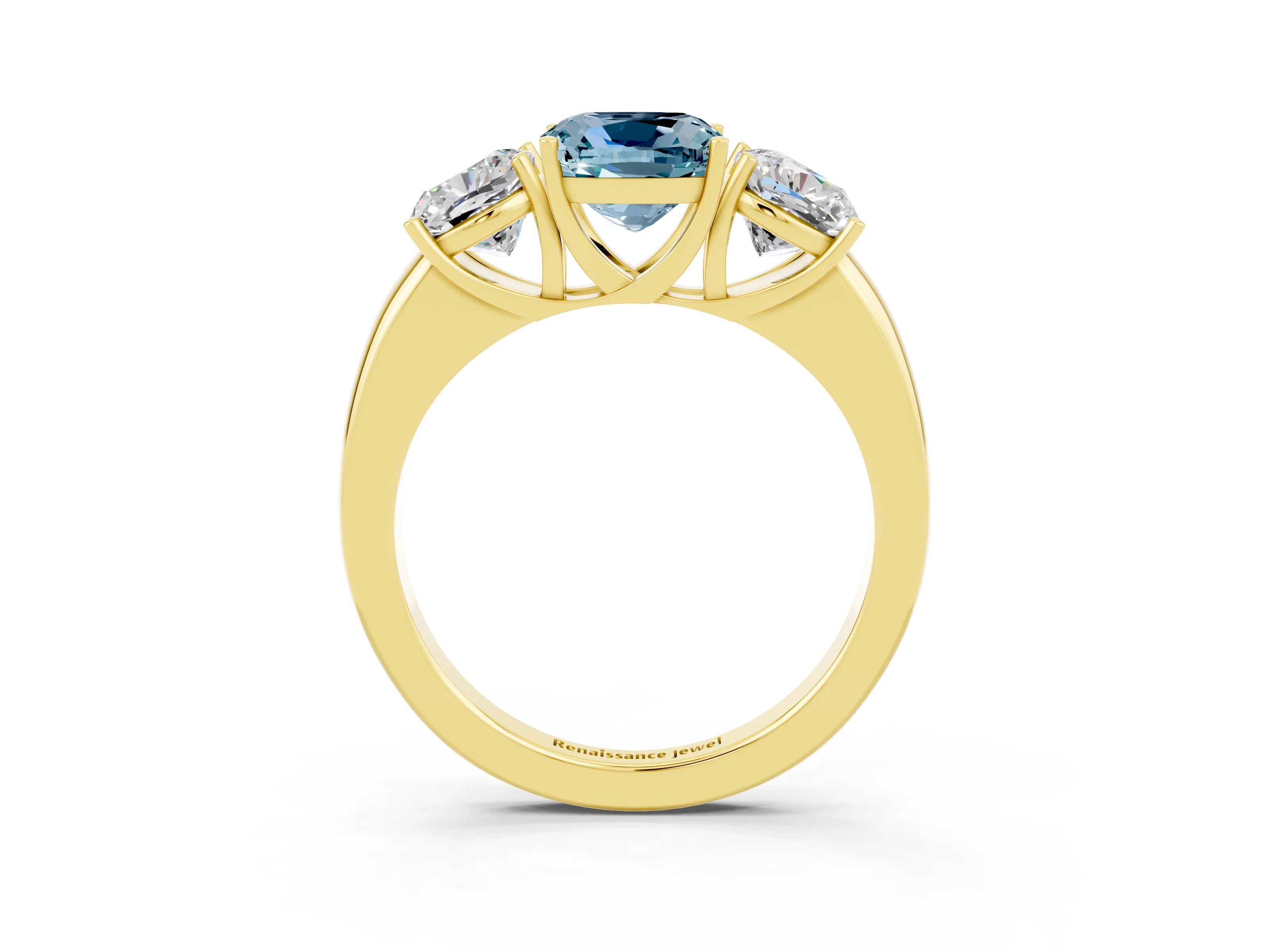 Yellow gold Cushion Cut Aquamarine Three-Stone Ring with Four-Prong Setting and Classic Band_3