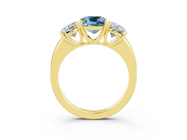 Yellow gold Cushion Cut Aquamarine Three-Stone Ring with Four-Prong Setting and Classic Band