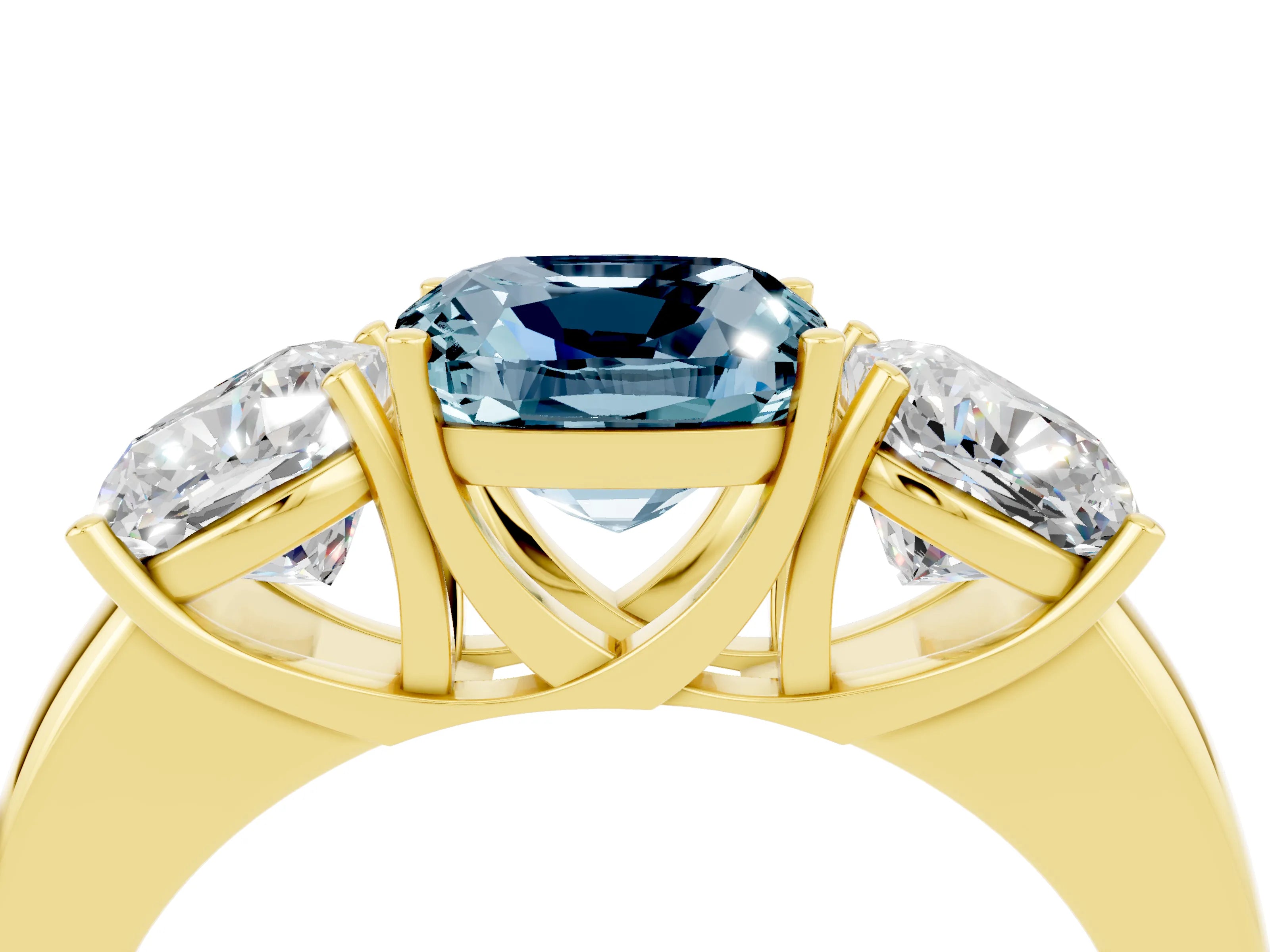Yellow gold Cushion Cut Aquamarine Three-Stone Ring with Four-Prong Setting and Classic Band_4