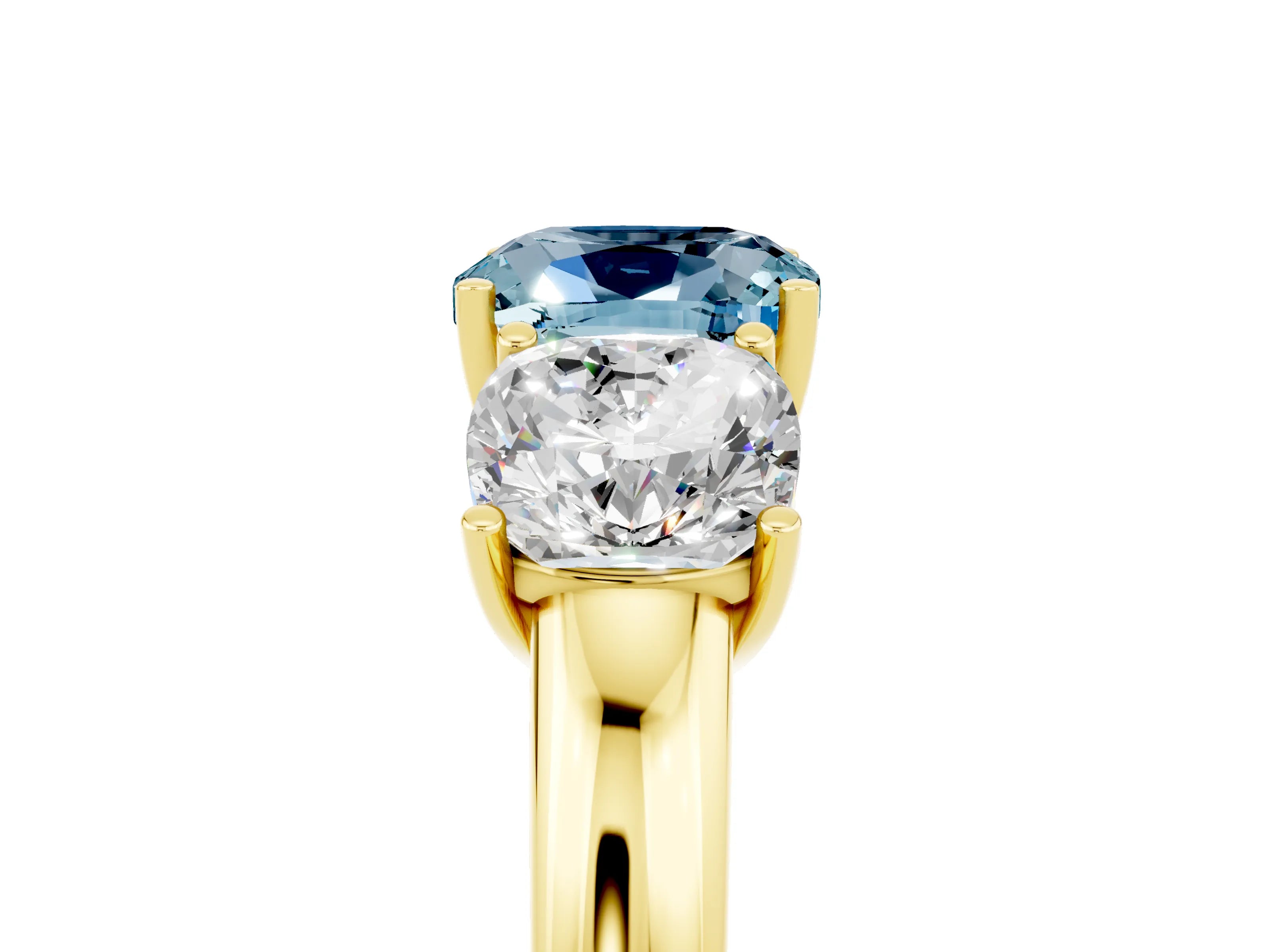 Yellow gold Cushion Cut Aquamarine Three-Stone Ring with Four-Prong Setting and Classic Band_5