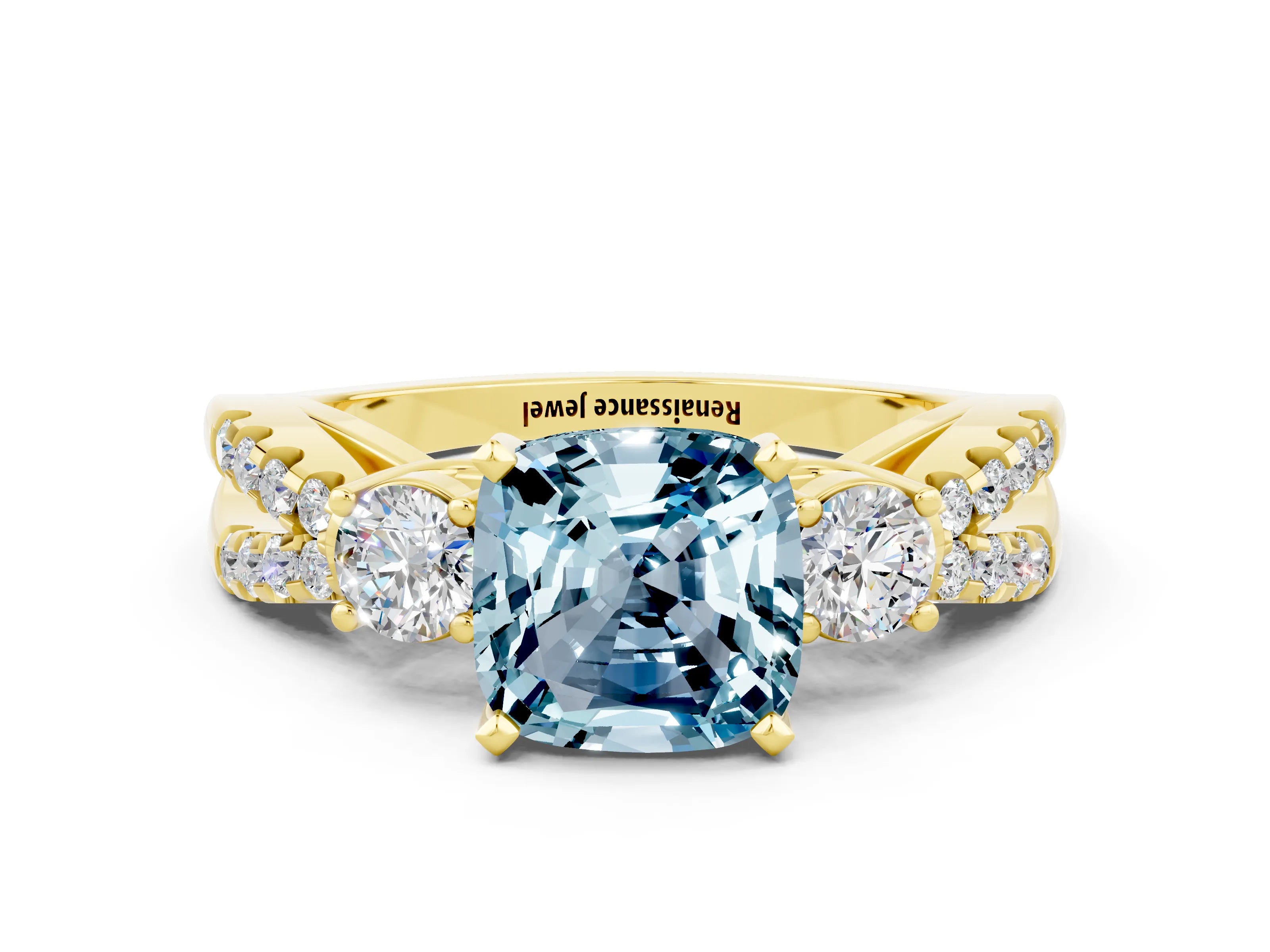 Yellow gold Cushion Cut Aquamarine Three-Stone Ring with Pavé Split Shank and Four-Prong Setting_12