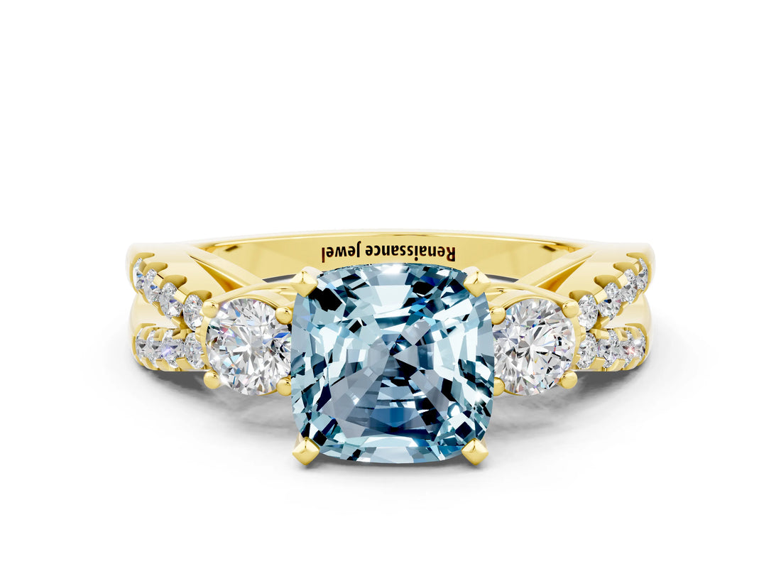 Yellow gold Cushion Cut Aquamarine Three-Stone Ring with Pavé Split Shank and Four-Prong Setting_12