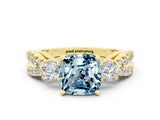 Yellow gold Cushion Cut Aquamarine Three-Stone Ring with Pavé Split Shank and Four-Prong Setting_12