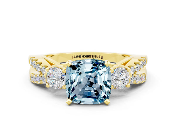 Yellow gold Cushion Cut Aquamarine Three-Stone Ring with Pavé Split Shank and Four-Prong Setting