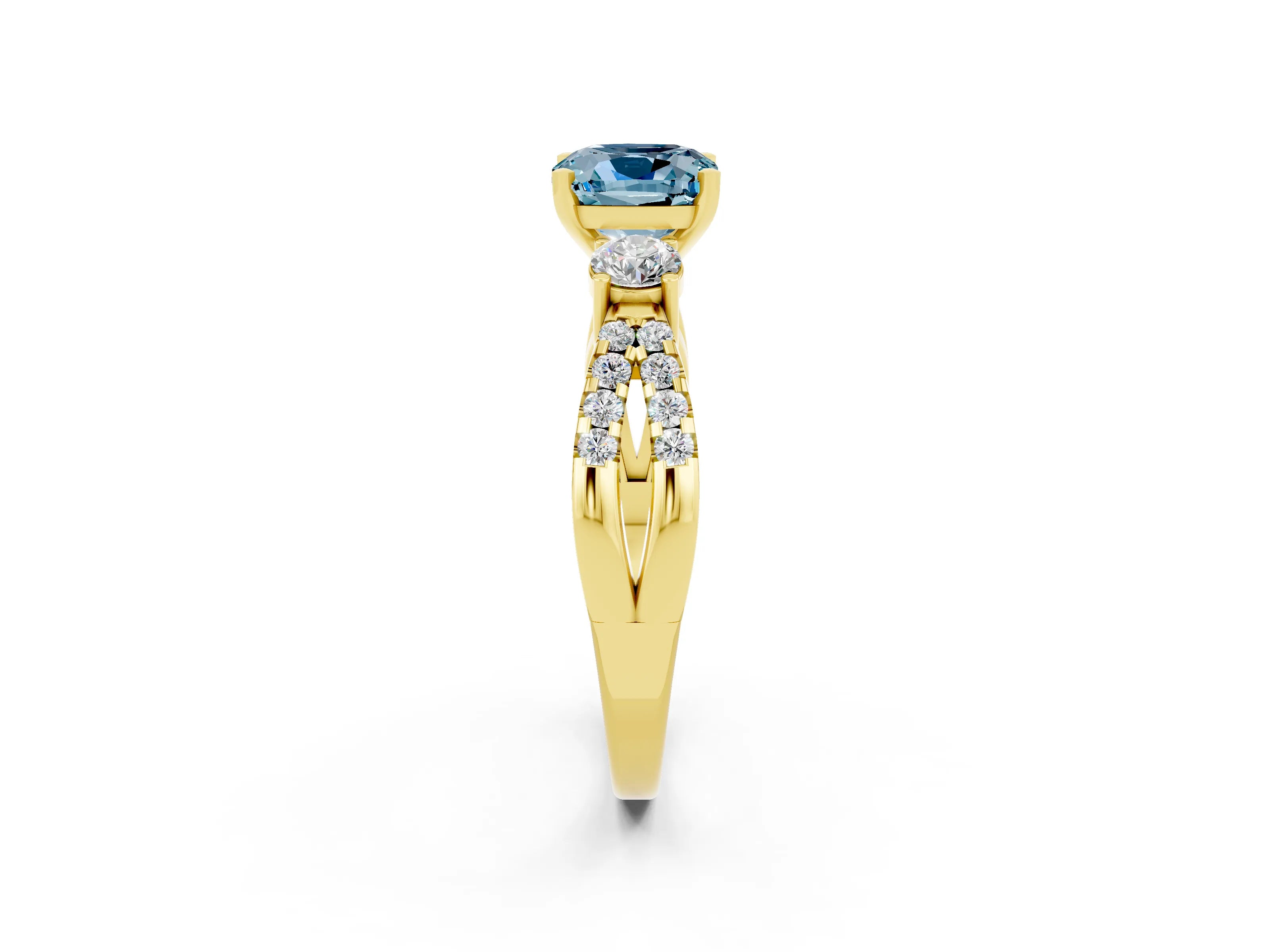 Yellow gold Cushion Cut Aquamarine Three-Stone Ring with Pavé Split Shank and Four-Prong Setting_14