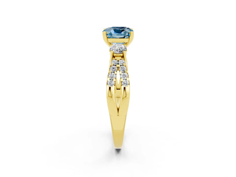 Yellow gold Cushion Cut Aquamarine Three-Stone Ring with Pavé Split Shank and Four-Prong Setting_14