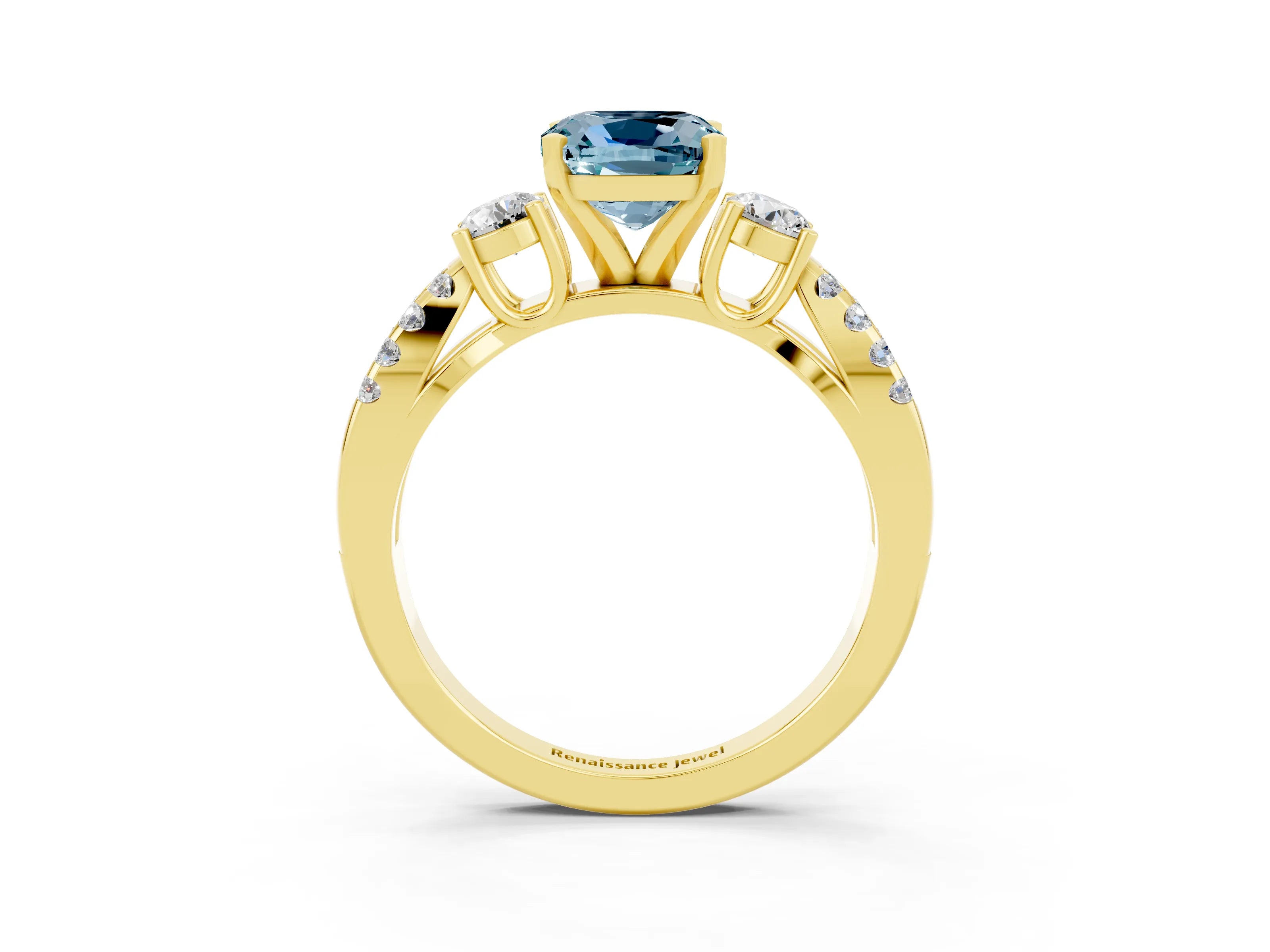 Yellow gold Cushion Cut Aquamarine Three-Stone Ring with Pavé Split Shank and Four-Prong Setting_15