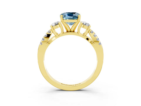 Yellow gold Cushion Cut Aquamarine Three-Stone Ring with Pavé Split Shank and Four-Prong Setting_15