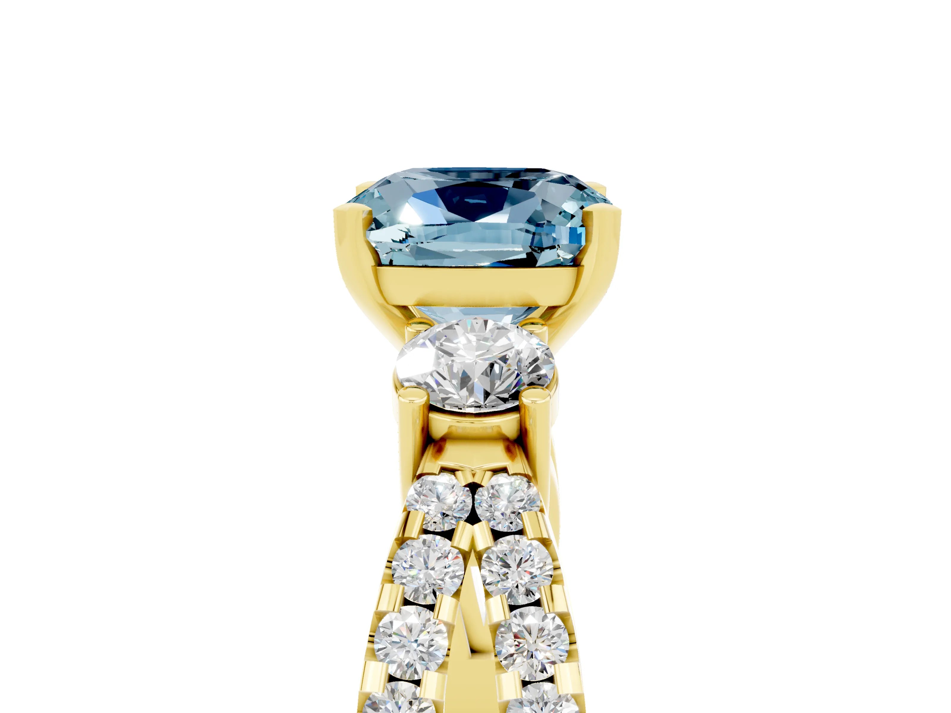 Yellow gold Cushion Cut Aquamarine Three-Stone Ring with Pavé Split Shank and Four-Prong Setting_17