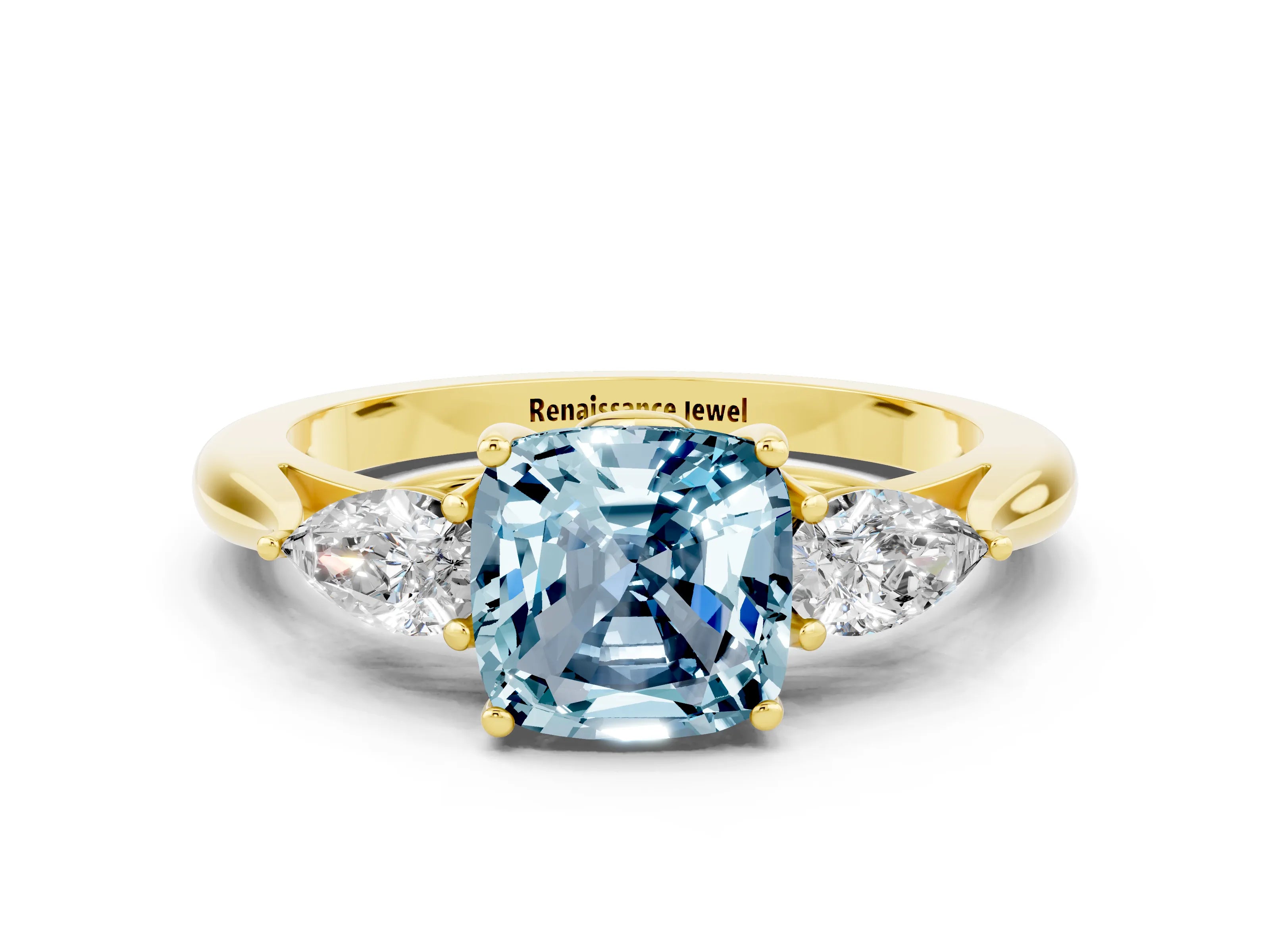 Yellow gold Cushion Cut Aquamarine Three-Stone Ring with Pear Side Stones and Four-Prong Setting_12
