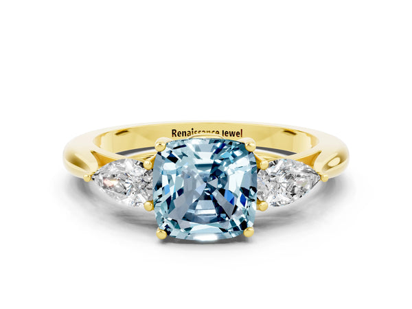 Yellow gold Cushion Cut Aquamarine Three-Stone Ring with Pear  Side Stones and Prong Setting