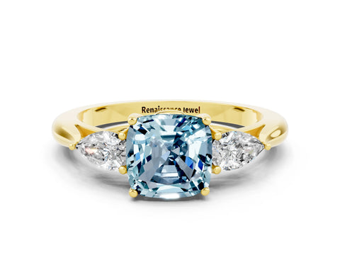 Yellow gold Cushion Cut Aquamarine Three-Stone Ring with Pear Side Stones and Four-Prong Setting_12