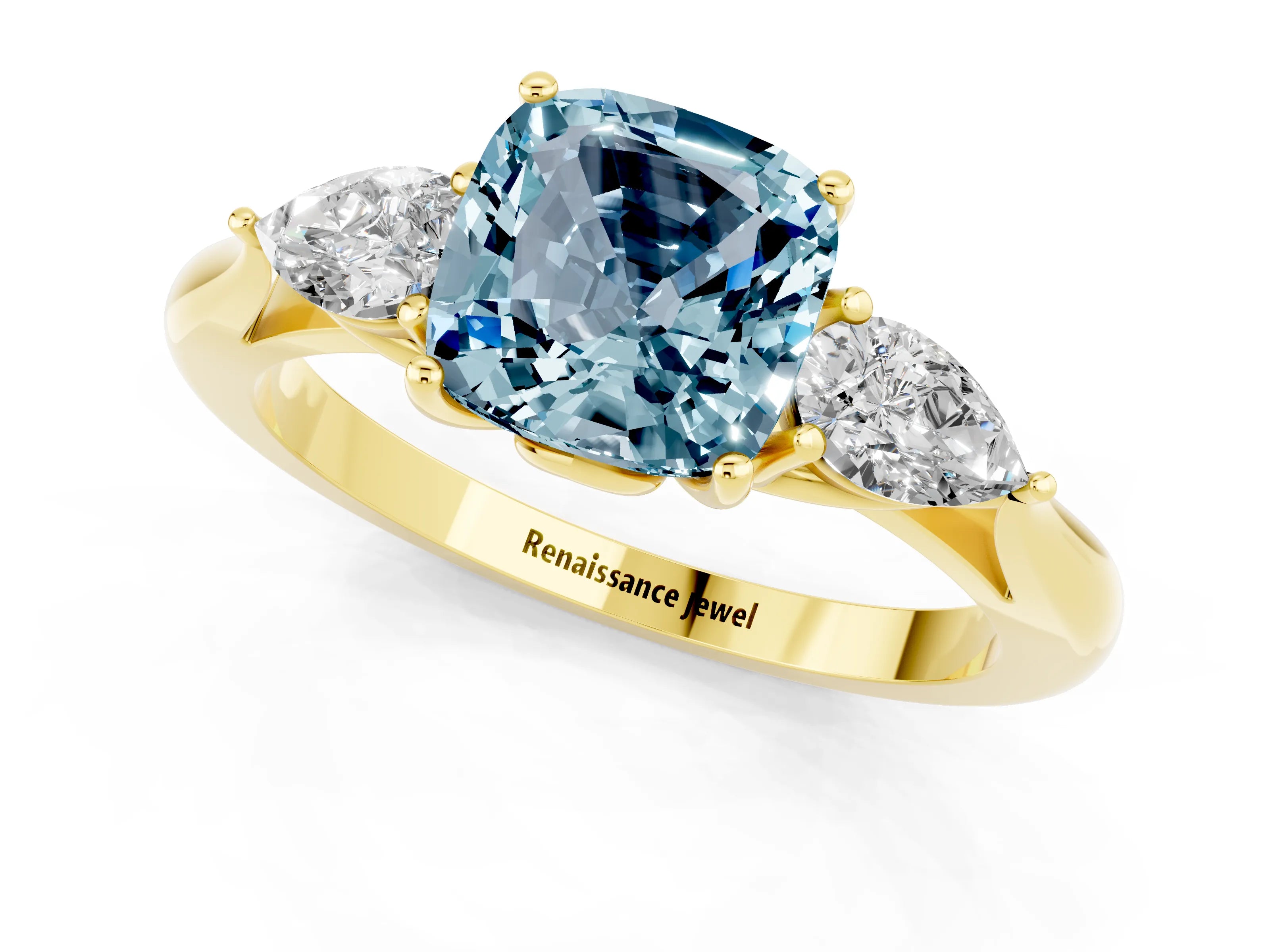 Yellow gold Cushion Cut Aquamarine Three-Stone Ring with Pear Side Stones and Four-Prong Setting_13