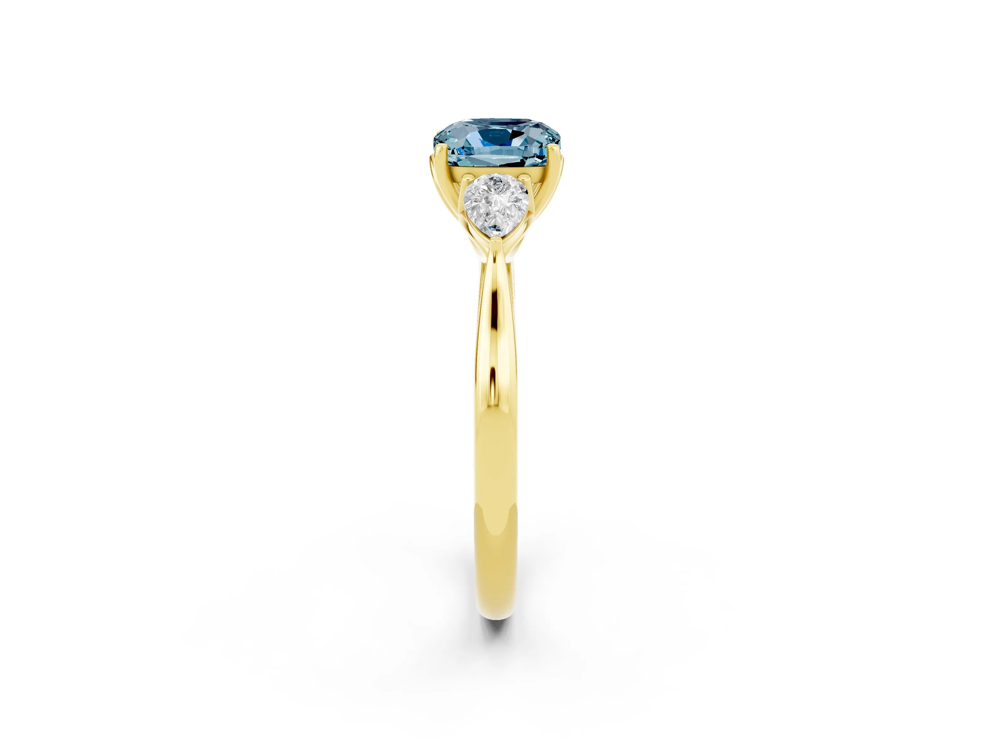 Yellow gold Cushion Cut Aquamarine Three-Stone Ring with Pear Side Stones and Four-Prong Setting_14
