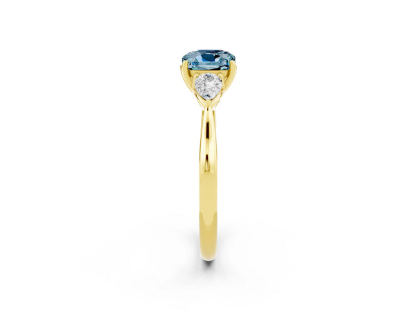 Yellow gold Cushion Cut Aquamarine Three-Stone Ring with Pear  Side Stones and Prong Setting