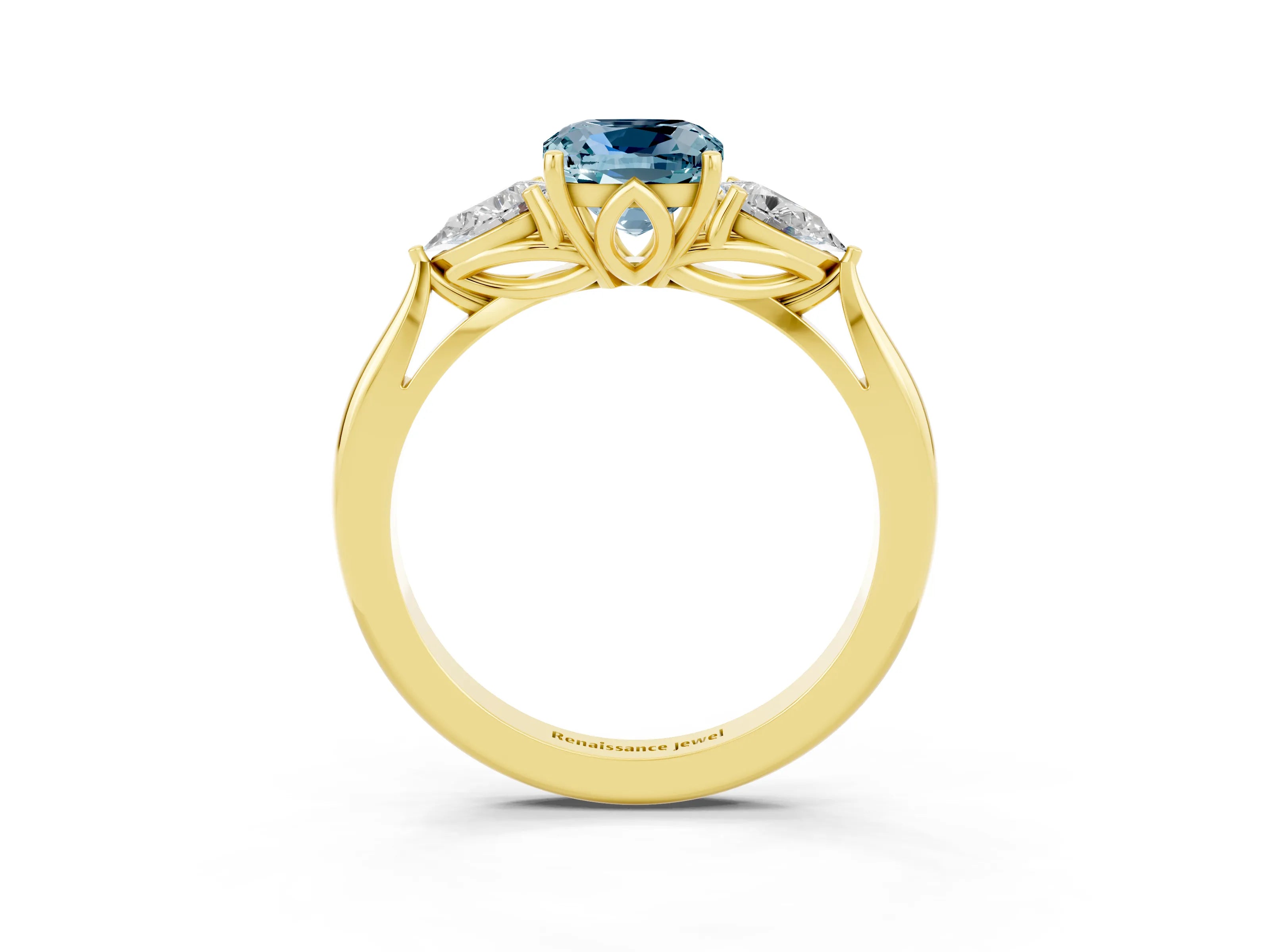 Yellow gold Cushion Cut Aquamarine Three-Stone Ring with Pear Side Stones and Four-Prong Setting_15
