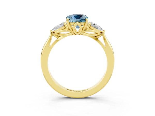 Yellow gold Cushion Cut Aquamarine Three-Stone Ring with Pear  Side Stones and Prong Setting