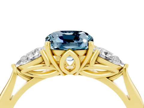 Yellow gold Cushion Cut Aquamarine Three-Stone Ring with Pear Side Stones and Four-Prong Setting_16