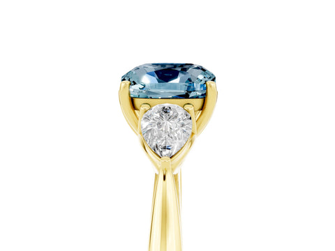Yellow gold Cushion Cut Aquamarine Three-Stone Ring with Pear Side Stones and Four-Prong Setting_17