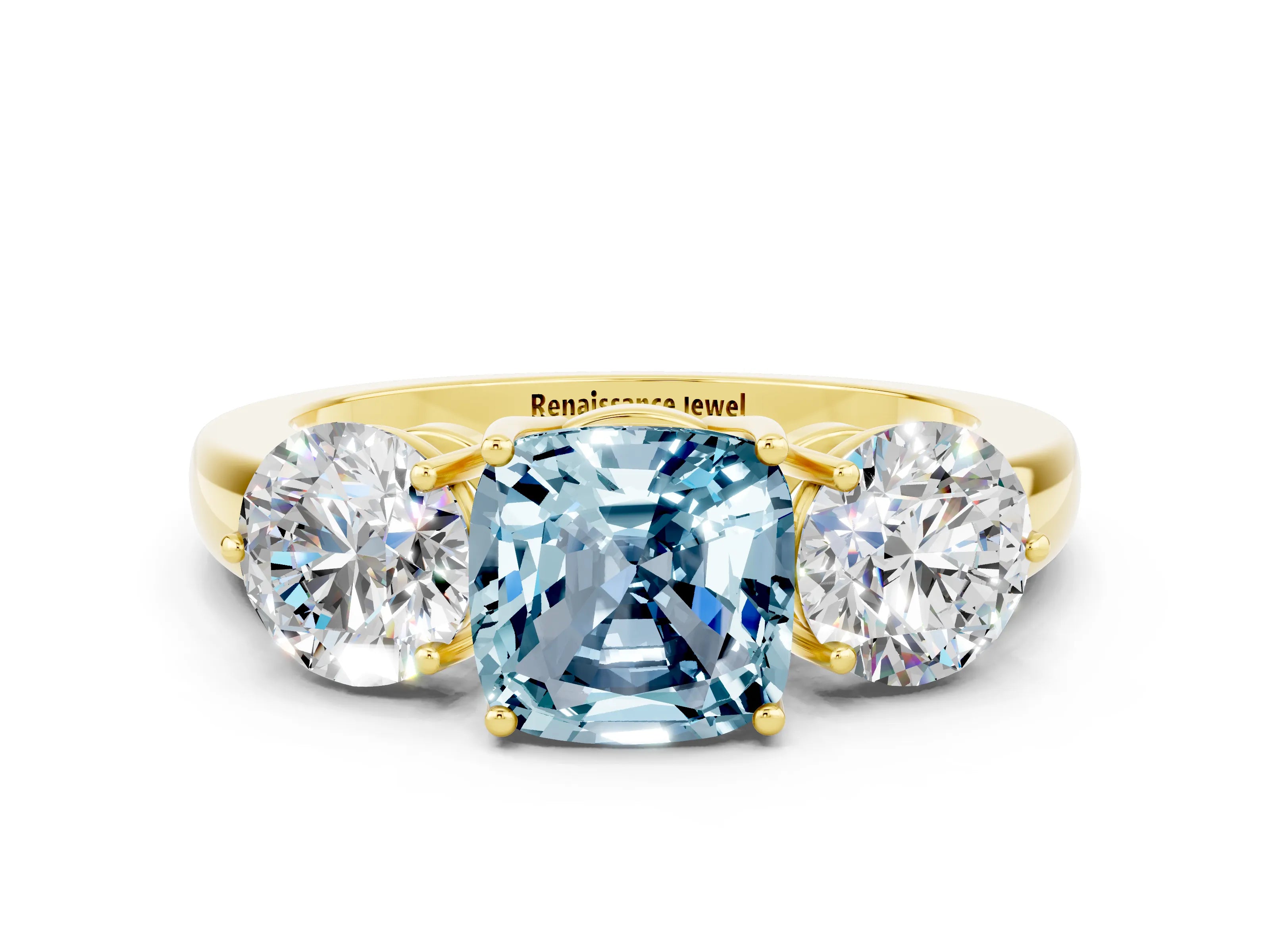 Yellow gold Cushion Cut Aquamarine Three-Stone Ring with Prong Setting and Classic Band