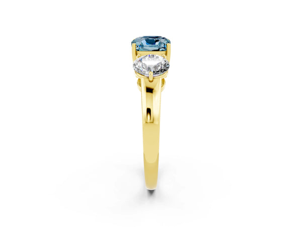Yellow gold Cushion Cut Aquamarine Three-Stone Ring with Prong Setting and Classic Band