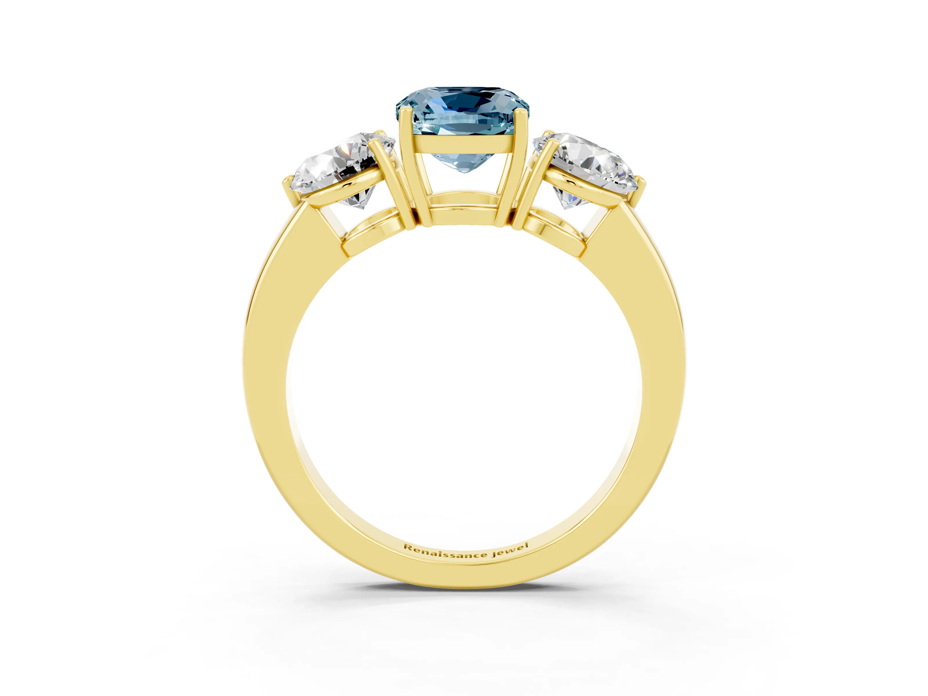 Yellow gold Cushion Cut Aquamarine Three-Stone Ring with Prong Setting and Classic Band_3