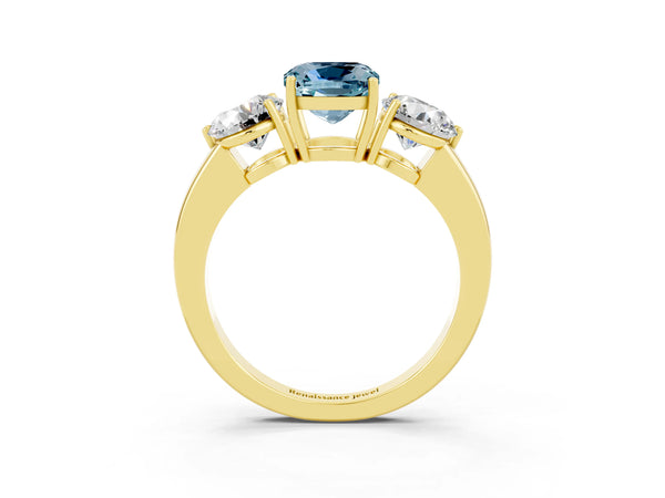 Yellow gold Cushion Cut Aquamarine Three-Stone Ring with Prong Setting and Classic Band