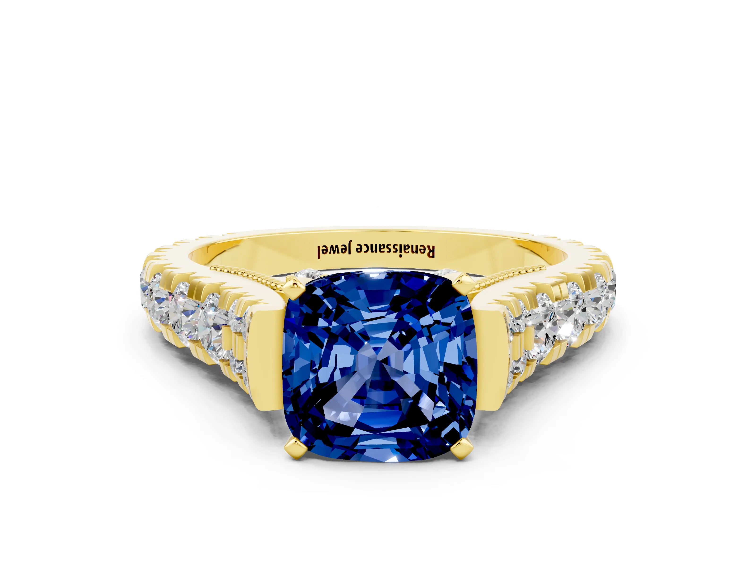 Yellow gold Cushion Cut Blue Sapphire Classic Solitaire Ring with Pavé Band and Four-Prong Setting