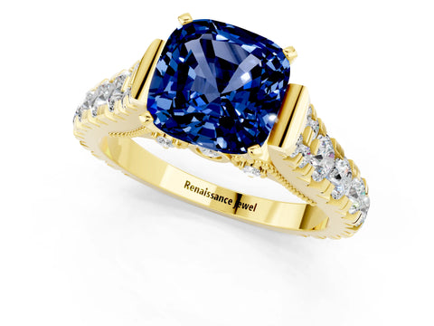 Yellow gold Cushion Cut Blue Sapphire Classic Solitaire Ring with Pavé Band and Four-Prong Setting_1