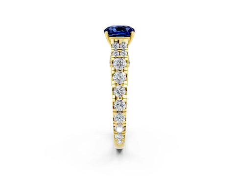 Yellow gold Cushion Cut Blue Sapphire Classic Solitaire Ring with Pavé Band and Four-Prong Setting_2