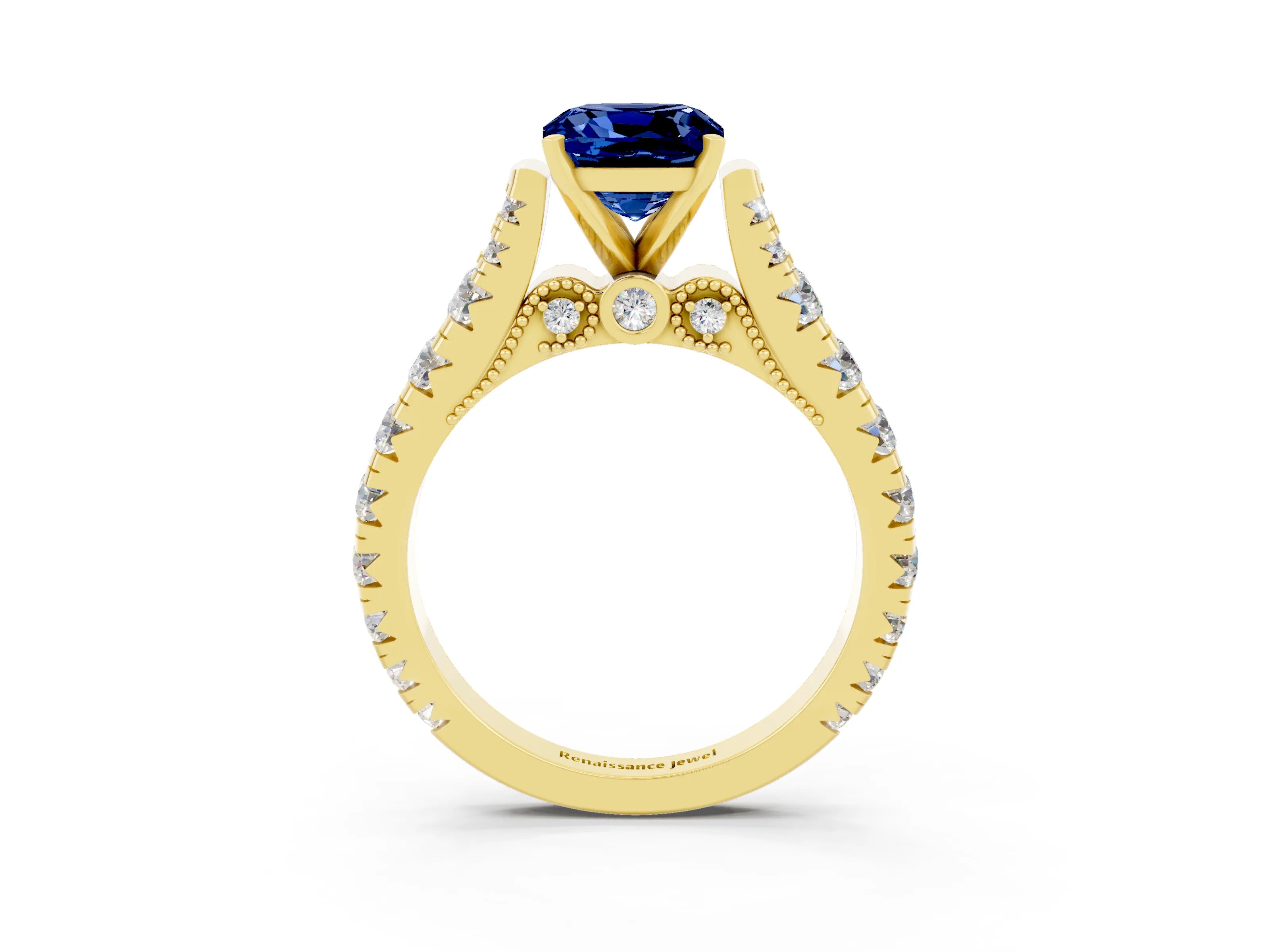 Yellow gold Cushion Cut Blue Sapphire Classic Solitaire Ring with Pavé Band and Four-Prong Setting_3
