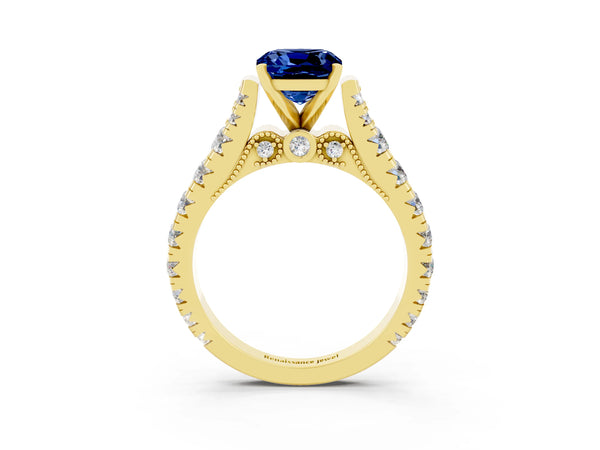 Yellow gold Cushion Cut Blue Sapphire Classic Solitaire Ring with Pavé Band and Four-Prong Setting